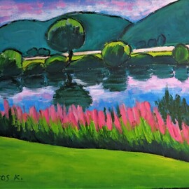 Krisztina Lantos: 'the weser at hoexter', 2016 Acrylic Painting, Landscape. Artist Description: The river Weser runs through hills and meadows in Germany. ...