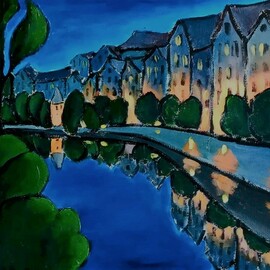 Krisztina Lantos: 'tuebingen at night', 2020 Acrylic Painting, Landscape. Artist Description: Tuebingen, small town in Southern Germany along the River Neckar seen at night. ...