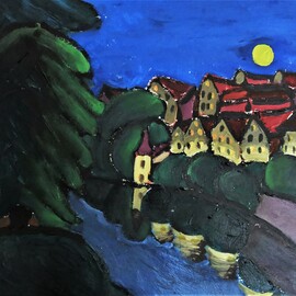 Krisztina Lantos: 'tuebingen in moonlight', 2019 Acrylic Painting, Landscape. Artist Description: The famous Neckar Front view of the small, old town Tuebingen in Southern Germany in the moonlight.PAINTING ON PAPER...