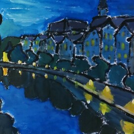 Krisztina Lantos: 'tuebingen neckarfront at night', 2019 Acrylic Painting, Landscape. Artist Description: Tuebingen along the Neckar river has a picturesque view from the bridge with its mediaeval houses and church tower. Painting on Paper ...