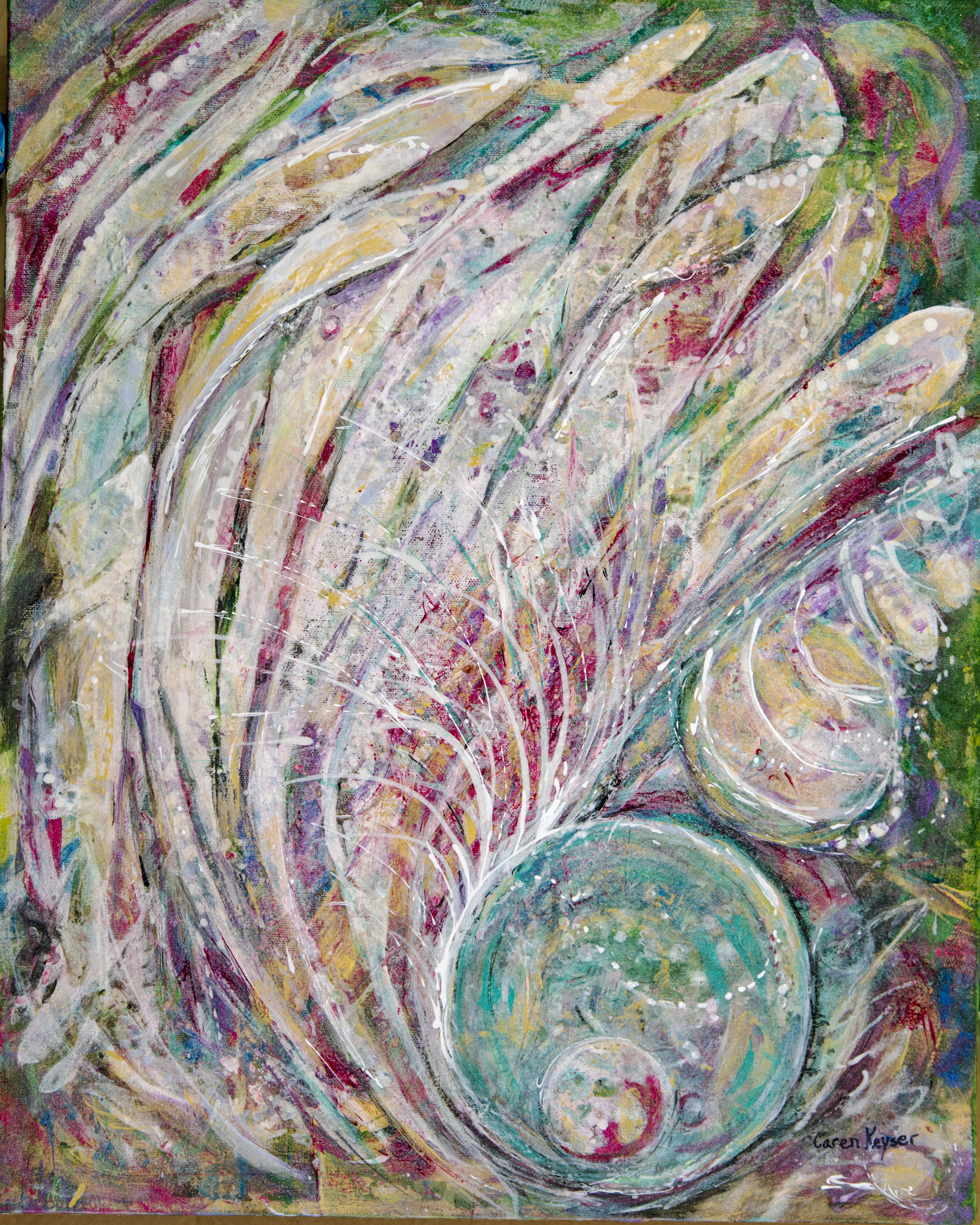 Caren Keyser: 'plants and planets one', 2020 Acrylic Painting, Expressionism. There are always Orbs shooting through space and some are near the earth.  Here I suggest the plants here on earth as the asteroids approach and hopefully continue to pass by us. ...