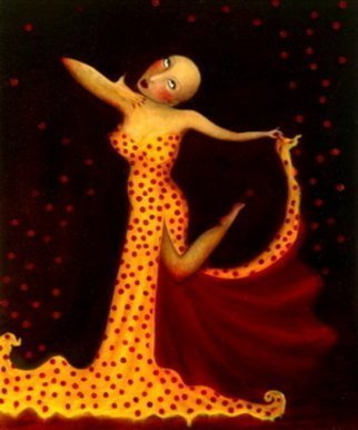 Claire Petit: 'Un jour mon Prince viendra', 2010 Oil Painting, People. Woman dancing in a yellow dress with red polka dots, waiting for her charming prince. . ...