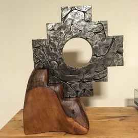 Claudio Bottero: 'chakana', 2019 Steel Sculpture, Spiritual. Artist Description: The Chakana or Inca Cross is a well known spiritual symbol of the ancient Inca Culture. This sculpture was made by forging a large chain under a power hammer. The base is made from Walnut. ...