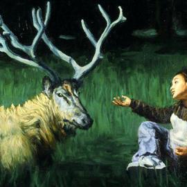 Lucille Coleman: 'Deer Talk', 2003 Oil Painting, Children. Artist Description: A whimsical painting whose fantasy theme is a deer indulging a loquacious child.A(c) 2003 Lucille Coleman...