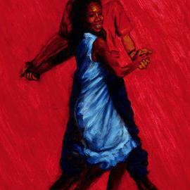 Lucille Coleman: 'Shine', 2003 Oil Painting, Dance. Artist Description: Salsa Dance Series Rich reds and blues are used in this painting to subdue but integrate the leader and bring out the followers swishing dress and footwork. The leader holds the follower in place for a solo dance called a shine.A(c) 2003 Lucille Coleman...