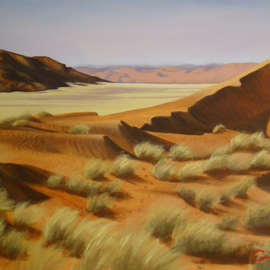 Colleen Balfour: 'Namibia Dunes 1', 2013 Oil Painting, Landscape. Artist Description: A vista in Soussusvlei, Nambia inspired during a trip there in 2011.   The dunes, windswept grasses, rocky hills untouched by time or man.  ...