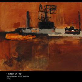 Agnieszka Ledochowska: 'Platform on Fire ', 2007 Oil Painting, Abstract Landscape. Artist Description:  my latest  fascination of oil platforms , cranes machines and dark landscapes . ...