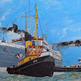 Cornelis Sproet: 'port of rotterdam', 2023 Acrylic Painting, Sea Life. Artist Description: Once the port of Rotterdam was one of the world largest ports with daily sailings of passenger liners to many parts of the world. This inspired me to make this painting about a mail ship of the Rotterdam Lloyd leaving for the Far East assisted by steam powered ...