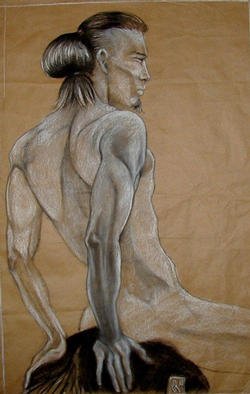 Coryne Boutinet.rice: 'On Riding', 2002 Charcoal Drawing, Figurative. One of my black& white serial; I draw a friend on a horse, representing  the wildness fantaisy in native american heart. ....