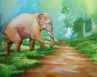 Manas Chakraborty: 'the beauty of dooars', 2021 Watercolor, Animals. We live in North Bengal, which is located in Alipurduar, West Bengal. Hence we are very close to nature and wild animals, we often see elephants crossing the road. And this scene inspired me a lot to put some colors on paper to make this watercolor painting ...
