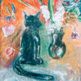 Lisa Counts: 'cat and vase', 2002 Oil Painting, Other. Artist Description: The painting is oil pastels with a touch of oil paint. Is for sale....