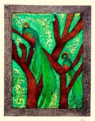 Chary Castro-marin: 'La Realeza de la Naturaleza', 2010 Mixed Media, Birds.  Quetzales imaginarios adornando el paisaje. . . hechos con Acrilico y tinta india sobre papel. ...