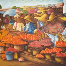 Chris Omeruo: 'tomato and pepper sellers', 2011 Oil Painting, Indiginous. Artist Description: This is the precise, detailed and accurate representation of a market scene in an Urban settlement in Lagos where Tomatoes and Peppers are being sold. . .  Put in one word - Realism.  This is where i usually buy these stuffs in large quantity and very low price.  At some point ...