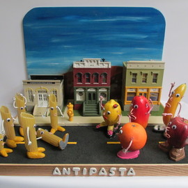 Bill Czappa: 'antipasta', 2016 Other Sculpture, Humor. Artist Description: So I like to make a piece based on a word or a pun. So what would anti pasta be  Fruit fighting pasta. It is also inspired by the recent racial issues in the news. Imn the buildings I have ARC Art Gallery, the pasta works and Willies ...