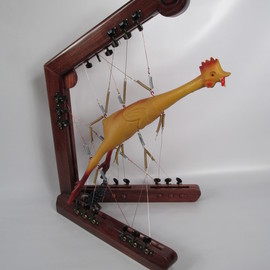 Bill Czappa: 'spring chicken', 2015 Mixed Media Sculpture, Humor. Artist Description: This is another of those works tht is  play on words. The rubber chicken is held in balance with springs and wire. The guitar tuning knobs add a great dimension to the piece making it look a bit like a musical instrument. I am reselling this for my ...
