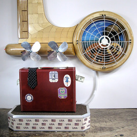 Bill Czappa: 'spruce goose ll', 2005 Wood Sculpture, Abstract. Artist Description: This is a working sculpture and it sounds like a real airplane.  The wheel and tail move randomly and there is a ghostly image of Howard Hughes behind the wheel.  You can see and hear it by searching youtube czappa Spruce Goose.  I found the metal front that ...