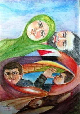 Khalil Dadah: 'Vertigo', 2003 Watercolor, People. Artist Description:  In ppeace negotiation, in the middle east, nothing comes out, and Palestinian people are left to move around without rest! !     ...