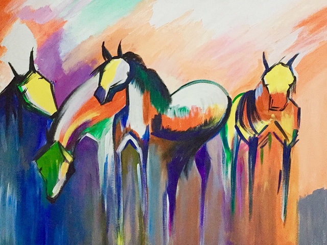 Damini Grover  'Four Horses', created in 2018, Original Painting Oil.