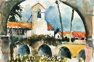 Daniel Clarke: 'capistrano under the arches', 2022 Watercolor, Landscape. Mission San Juan CapistranoThe iron bells sleep, and the tricklingfountain softly murmurs prayers.The gilded church sits in the desert, an oasisof spiritual liqueur.It is a Mission where the atmosphere iscomposed of serenity, and the air smellsgreen.The tranquility of the garden temperscivilized ...