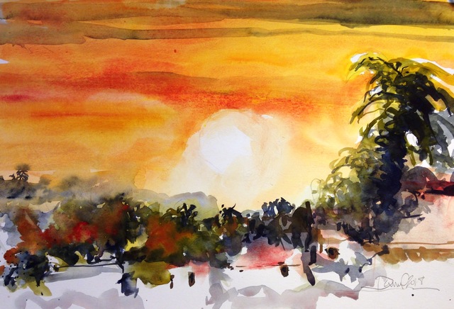 Artist Daniel Clarke. 'Highland Park Sunset' Artwork Image, Created in 2018, Original Woodcut. #art #artist