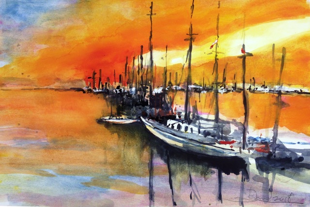 Artist Daniel Clarke. 'Juneau Boat Harbor Sunset' Artwork Image, Created in 2018, Original Woodcut. #art #artist