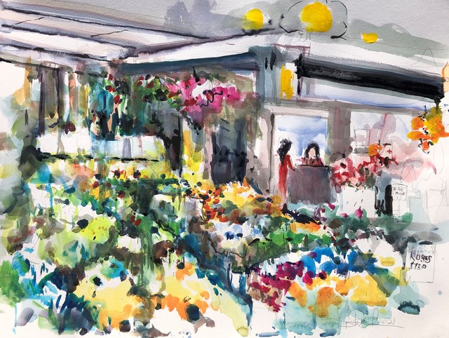 Daniel Clarke  'Los Angeles Flower Market', created in 2021, Original Woodcut.