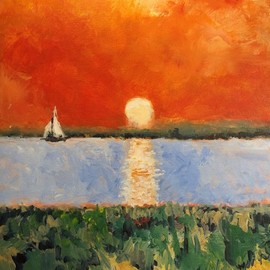 Daniel Clarke: 'nile sunset', 2020 Acrylic Painting, Landscape. Artist Description: We journey up the storied NileThe timeless water seems to smileThe slow and swarthy boatman singsThe dahabA<< ah spreads her wingsWe catch the breeze and sail away,Along the dawning of the day,Along the East, wherein the mornOf life and truth was gladly born.We sail ...