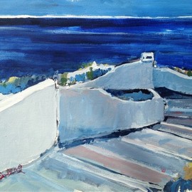 Daniel Clarke: 'stairway to santorini', 2019 Acrylic Painting, Landscape. Artist Description: Bend if you can to the dark sea forgettingthe flute s sound on naked feetthat trod your sleep in the other, the sunken life.Write if you can on your last shellthe day the place the nameand fling it into the sea so that ...