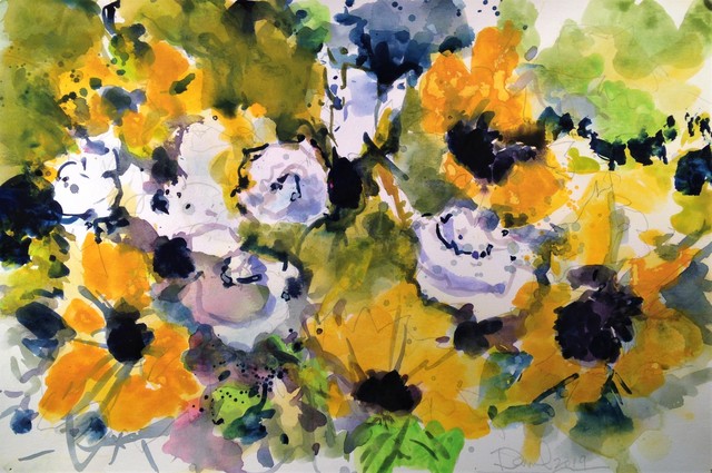 Daniel Clarke  'Sunflowers White Roses', created in 2019, Original Woodcut.
