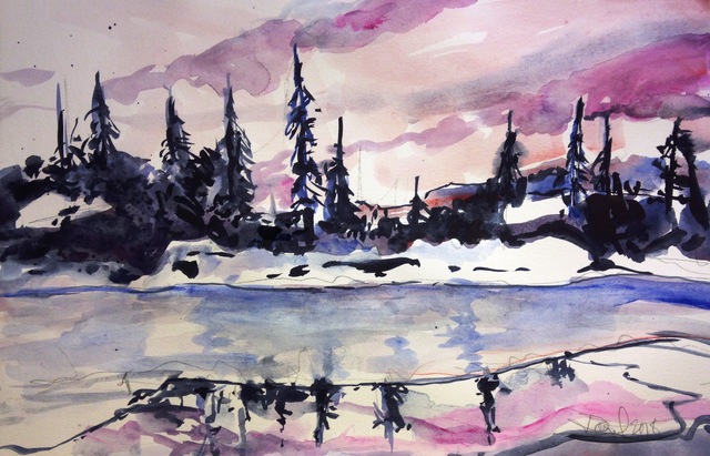 Artist Daniel Clarke. 'Winter Evening Lake Tahoe' Artwork Image, Created in 2018, Original Woodcut. #art #artist