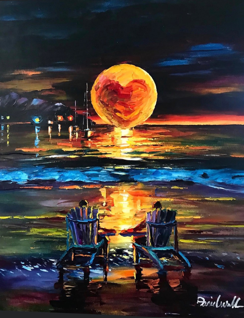 Daniel Wall  'Romantic Beach Night', created in 2020, Original Painting Oil.