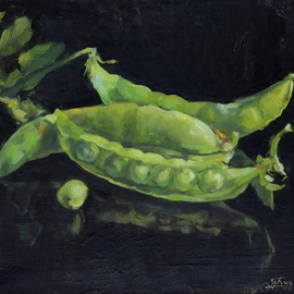Dariusz Bernat: 'green beans', 2015 Oil Painting, Food. Artist Description: realism, black, green beans, canvas, green, mirrored, oil...