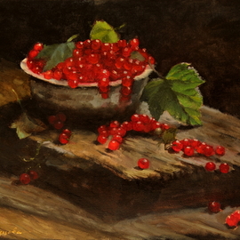 Dariusz Bernat: 'ribes', 2017 Oil Painting, Impressionism. Artist Description: Oil on Canvas.another painting from the series fruits, oil on canvasKeywords: red, black, green, impressionism, wood plate, ribes...