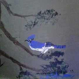 Darrell Johnson: 'blue jay on a branch', 2023 Acrylic Painting, Abstract. Artist Description: Inspired by my favorite bird and painted using a wooden matchstick. ...