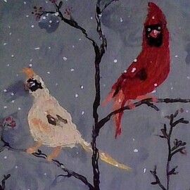 Darrell Johnson: 'cardinal pair', 2023 Acrylic Painting, Abstract. Artist Description: Inspired by cardinals I saw in the winter gtowing up and to this day. This painting was painted using a wooden matchstick. ...