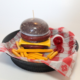 David Robertson: 'super size', 2019 Stone Sculpture, Food. Artist Description: A large cheeseburger and an order of fries...