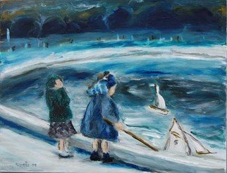David Rocky Aguirre: '2 girls 2 boats', 2009 Oil Painting, People.  This image seems to be around the 50s in France.  In the slide, it looks like the girl on the left may just be adjusting her hat.  In the painting, it looks like she is holding her head because her boat is heading towards her friends boat.This image is...