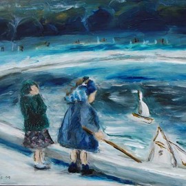 David Rocky Aguirre: '2 girls 2 boats', 2009 Oil Painting, People. Artist Description:  This image seems to be around the 50s in France.  In the slide, it looks like the girl on the left may just be adjusting her hat.  In the painting, it looks like she is holding her head because her boat is heading towards her friends boat.This ...