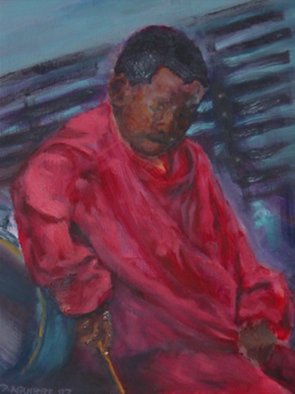 David Rocky Aguirre: 'Drummer boy New Orleans', 2007 Oil Painting, People.  Drummer boy in New Orleans pre katrina, tapping on bench leaning on his dads drum. ...