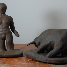 David Rocky Aguirre: 'work in progress matador and bull 2', 2009 Ceramic Sculpture, Figurative. Artist Description:  Two piece set, matador and bull. Update- this was a clay test, the sculpture was ruined in the kiln along with a few others. I was testing backyard clay, the smaller test seemed good....