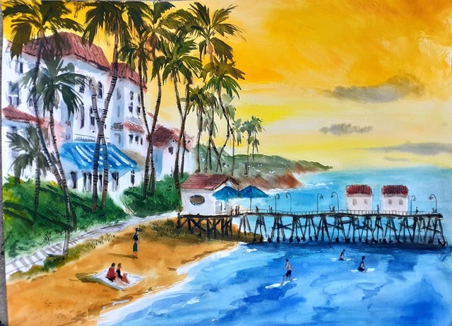 Artist Davide Piubeni. 'San Clemente Beach California' Artwork Image, Created in 2020, Original Watercolor. #art #artist