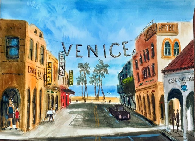 Artist Davide Piubeni. 'Venice Beach California' Artwork Image, Created in 2020, Original Watercolor. #art #artist