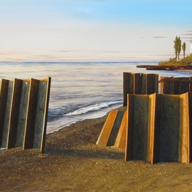 David Larkins: 'Lake Affect', 2014 Acrylic Painting, Marine. Artist Description: i? 1/2Lake Affecti? 1/2 Acrylic on canvas 36i? 1/2x 24i? 1/2My latest painting resulting from our stay at the Point Betsie Lighthouse.The week we stayed there Lake Michigan was in a rare calm from adominant high pressure system.The sight of the rusty pilings protruding out of the shoreline ...