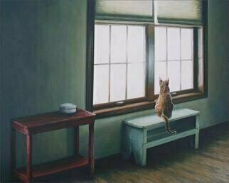 David Larkins: 'Sydneys Vista', 2005 Giclee, Cats. Sydney, sitting on his favorite bench, gazes out over his vista and ponders life outside. The viewer wonders, is it snowing, or is it a bright sunny day? It's your choice; you create 