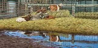 David Larkins: 'a trippen of goats', 2021 Oil Painting, Farm. One of our frequent places to visit and purchase our dairy is Calder Dairy Farm s.A leisurely groupTrippenof goats and a donkey enjoy a sunny afternoon.The blue sky reflection tells us the weather without seeing the sky.  ...
