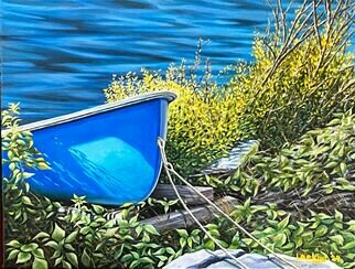 David Larkins: 'betsie bat blue', 2024 Oil Painting, Boating. Walking along Frankfort, Michigan s Betsie Bay is always a favorite of ours. A dingy sits along the shore, what a contrast of blues dancing around ...