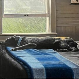 David Larkins: 'captains bedroom', 2022 Oil Painting, Dogs. Artist Description: While vacationing at our beloved Captains Cottage on Lake Michigan out Labrador Retriever, Shelby decided to rest on the bed after a morning beach walk.As I walked by the bedroom, saw her laying there it reminded me of Andrew Wyeth s  Master Bedroom .With the warm morning ...