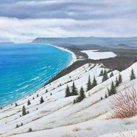 David Larkins: 'empire bluff trail', 2017 Acrylic Painting, Seascape. Artist Description: One of our favorite hiking trails in Michigan.Reaching the trails end, we are awarded with this spectacular vista of the Sleeping Bear Dunes National LakeshoreIt s always breathtaking in any season, but I wanted to capture it in winter, the aqua breen water contrasted against the snow ...