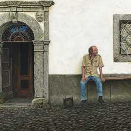 David Larkins: 'luigi', 2017 Acrylic Painting, World Culture. Artist Description: While hiking in the Italian Alps my wife and I stayed in Pesariis, a wonderful quaint Italian village.  Everyday Luigi would be sitting outside the bar restaurant Sot La Napa smoking his cigarettes, content as could beWe would buy him a glass a wine or two while I ...