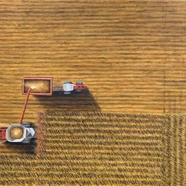David Larkins: 'making chaff', 2022 Oil Painting, Farm. Artist Description: One of the best times of the year is harvest begins and autumn is in the air In this scene I wanted to capture a harvest with the chaff flying in a different  abstract  view. ...
